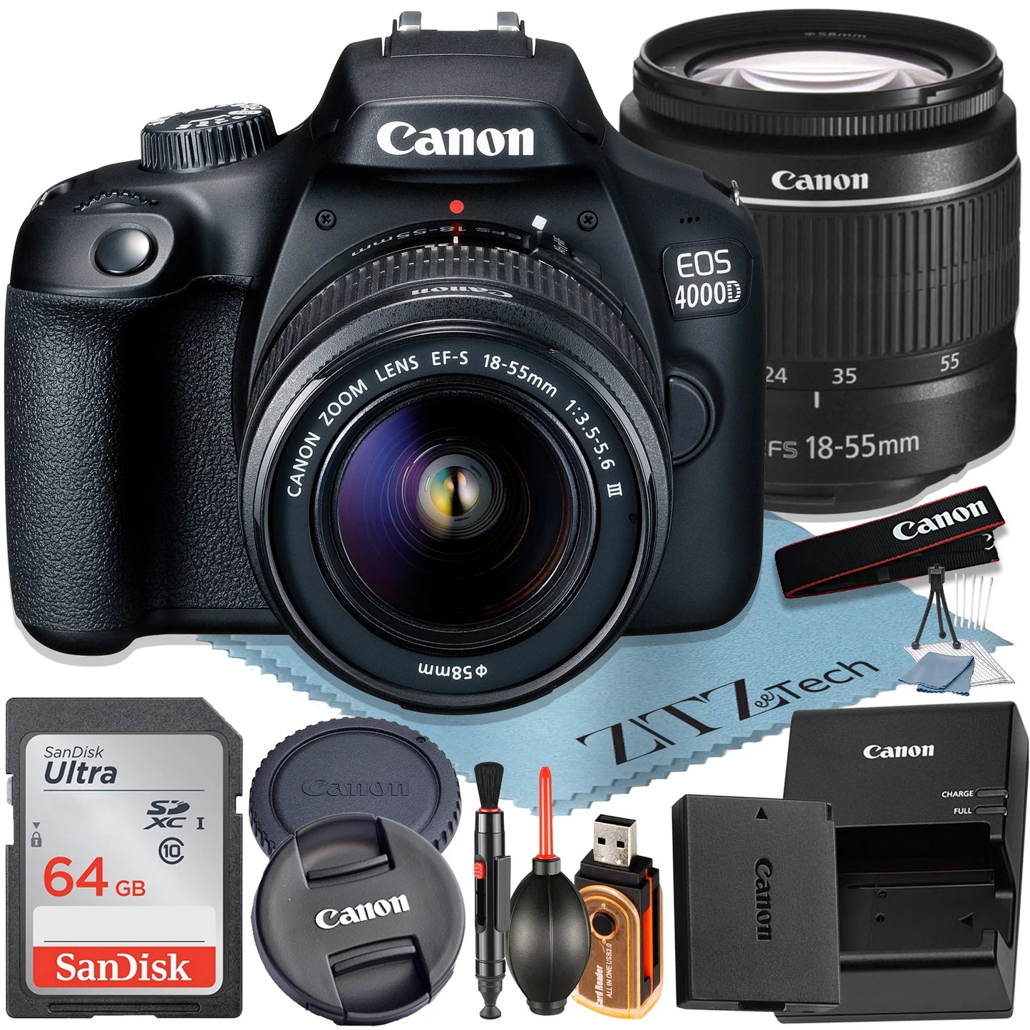 Canon EOS 4000D / Rebel T100 DSLR Camera + EF-S 18-55Mm Lens + Sandisk 64GB Memory Card + Bundle (International Model)